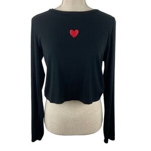 Wild Fable Ribbed Crop Top Womens XL Black Heart Fitted Stretch‎ Y2K Cute Tee LS